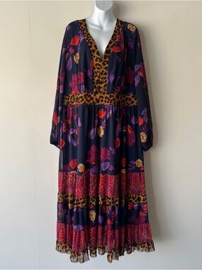 IMAN Leopard Floral Maxi Dress Sz 2X Boho Tiered Patchwork Print Summer Vacation